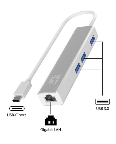 Adaptador LevelOne USB-C -> 1x LAN / 3x USB 3.0