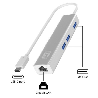 Adaptador LevelOne USB-C -> 1x LAN / 3x USB 3.0