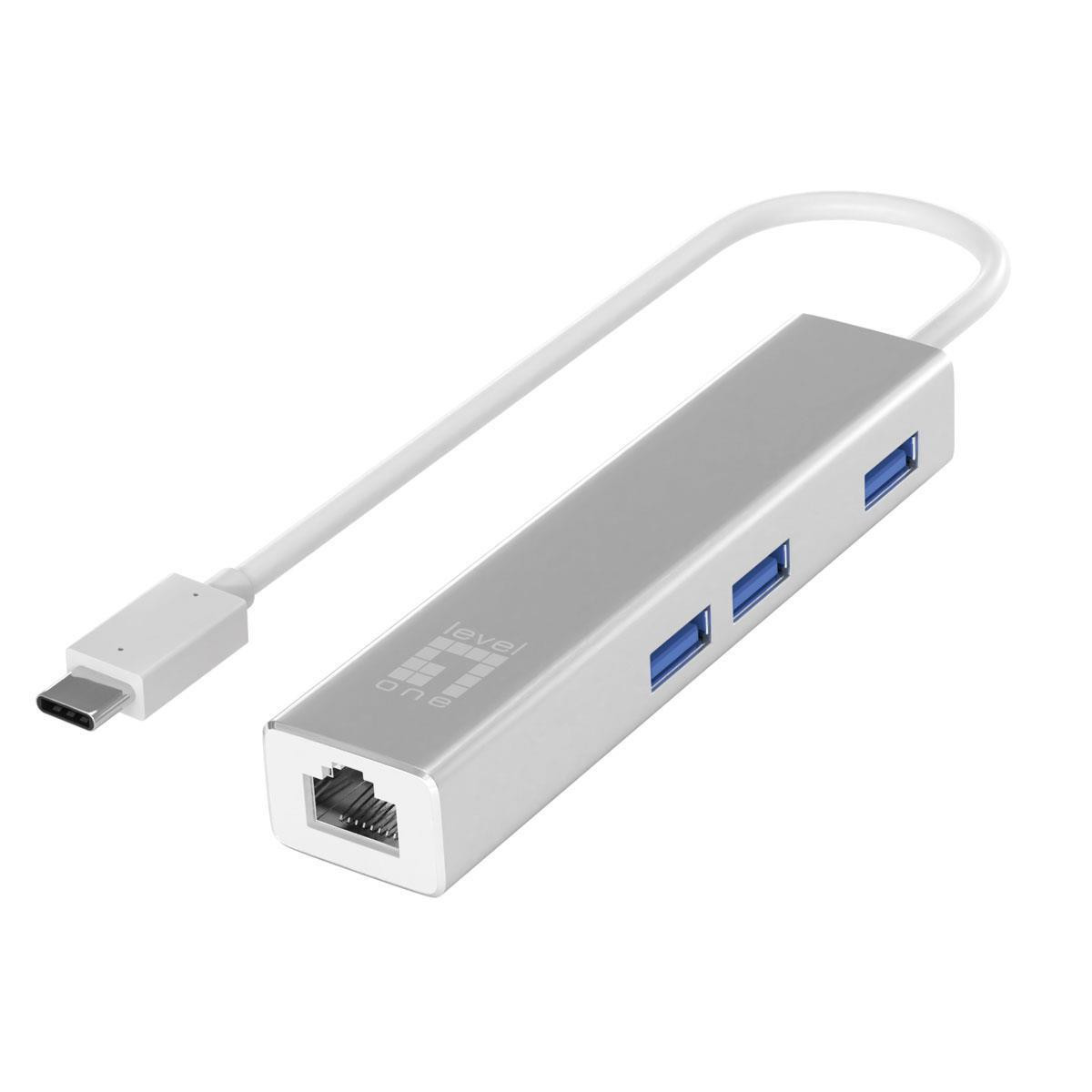 Adaptador LevelOne USB-C -> 1x LAN / 3x USB 3.0