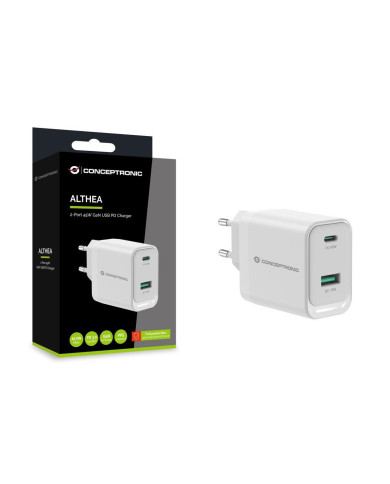 Transformador Conceptronic USB-A + USB-C 45W GaN QC3  PPS PD3 White