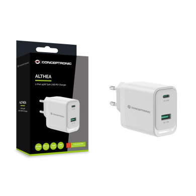Transformador Conceptronic USB-A + USB-C 45W GaN QC3  PPS PD3 White