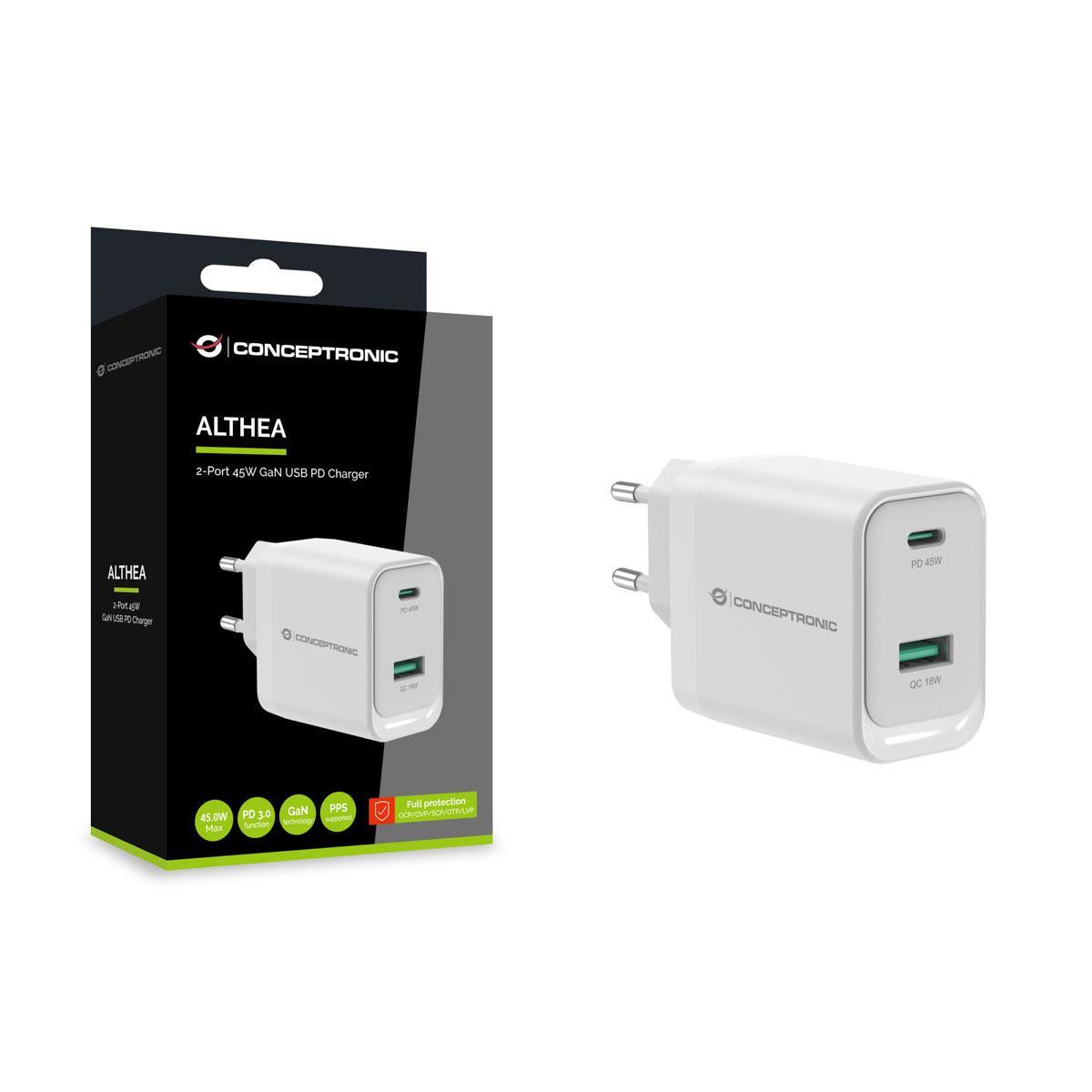 Transformador Conceptronic USB-A + USB-C 45W GaN QC3  PPS PD3 White