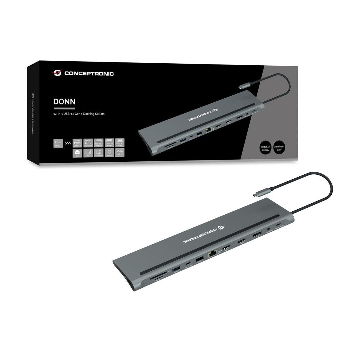 Dock Conceptronic 12-1 Triple 4K Display HDMI DP USB-C SD 100W PD